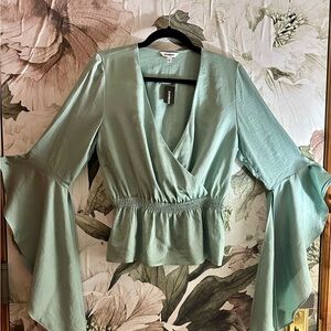 Express Sea-foam Green Wrap Blouse with Bell Sleeves